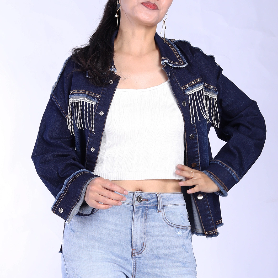 Custom Dark Blue Oversized Tassel Rhinestone Fringe Collar Down Women Denim Jackets