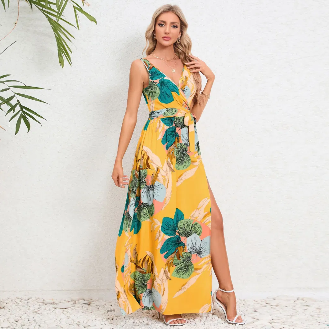 2024 European and American Summer Women&prime;s New Double V-Neck Sleeveless Split Printed Long Strap Dress Ladies Breathable and Comfortable Beach Long Skirts/