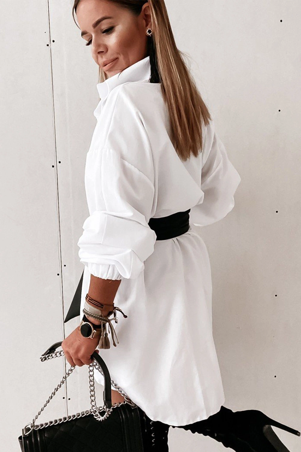 Dear-Lover Wholesale White Boyfriend Oversize Long Sleeve Shirt Dress with Belt