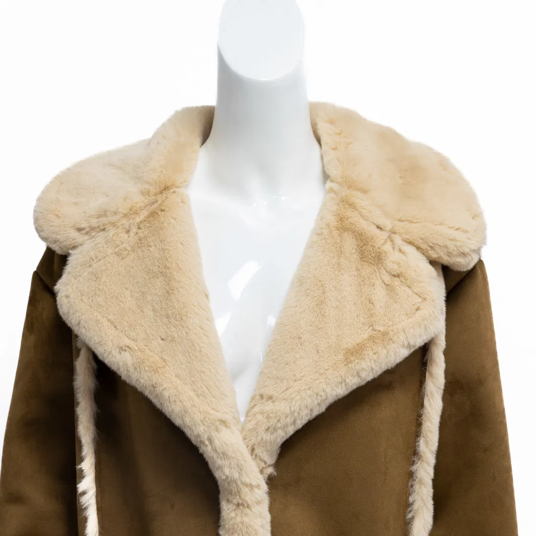 Women Winter Faux Fur Coat Leather Fur Outer Wear Jacket with Lapel Collar