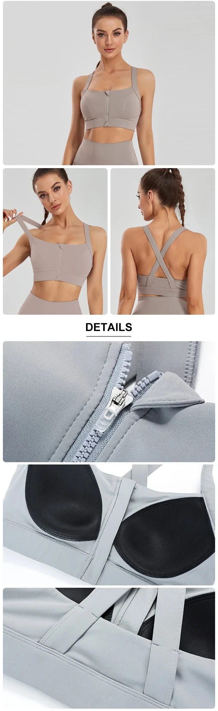 Wholesale Factory Plus Size Cross Back Sports Bra Front Zipper Women&prime;s Fitness Running Shockproof Yoga Clothes Wholesale Beauty Zipper Bra Vest