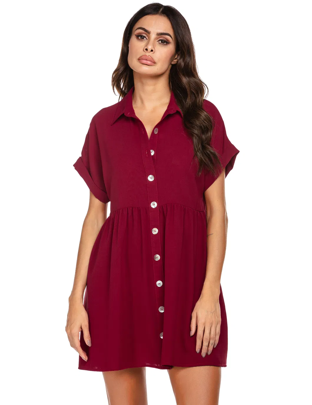 Summer Women Turn-Down Collar Short Sleeve Solid Loose Shirt Dress Casual Dress Women