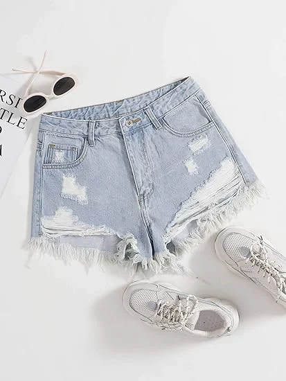 Women&prime;s Summer Jean Shorts Ripped Button Front Wide Leg Denim Jeans Casual Solid Shorts