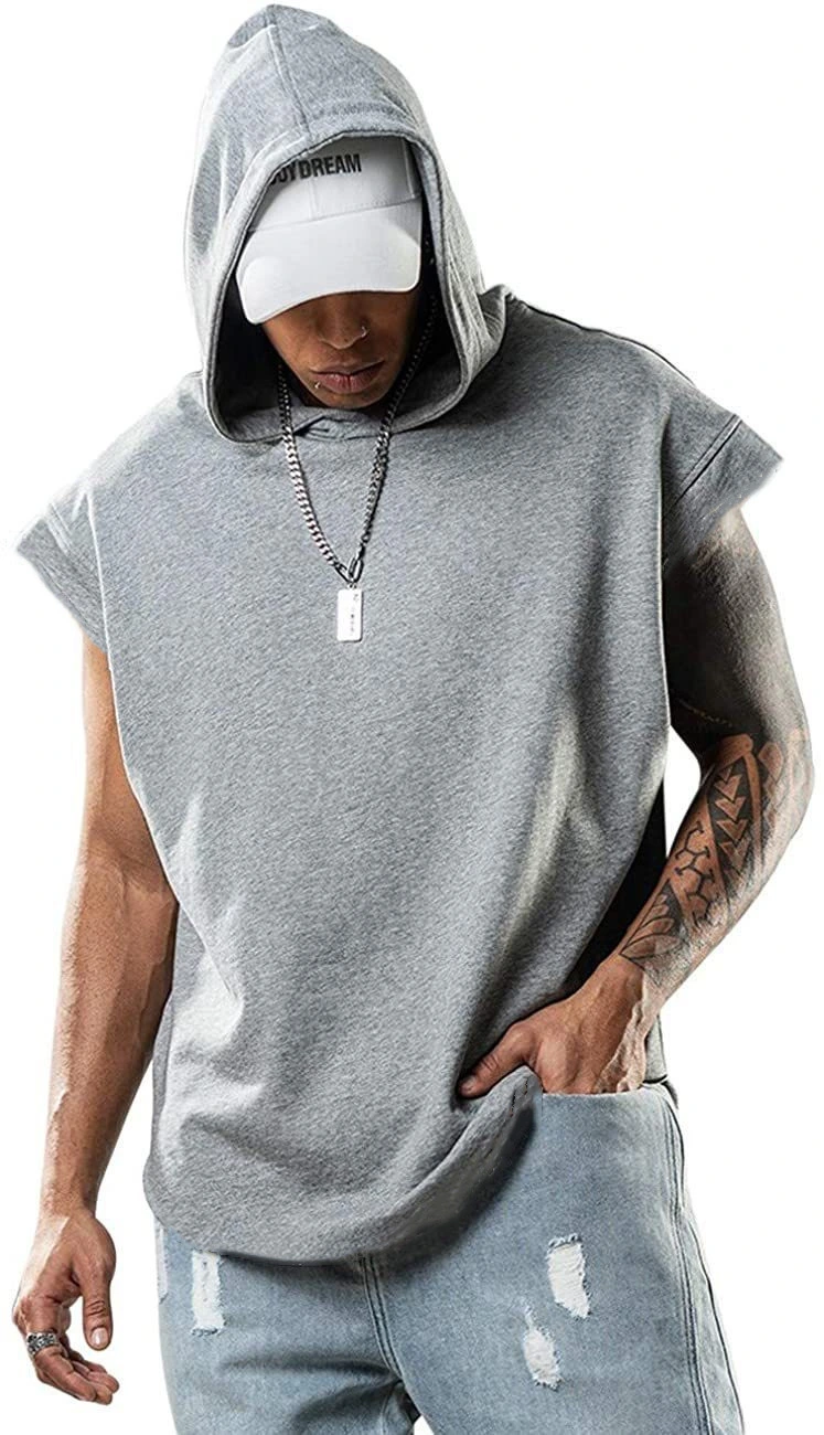 Low MOQ Custom Polyester Fitness Bodybuilding Sports Gym Oversized Men Streetwear Sleeveless Workout Hoodie Pullover Sweatshirt