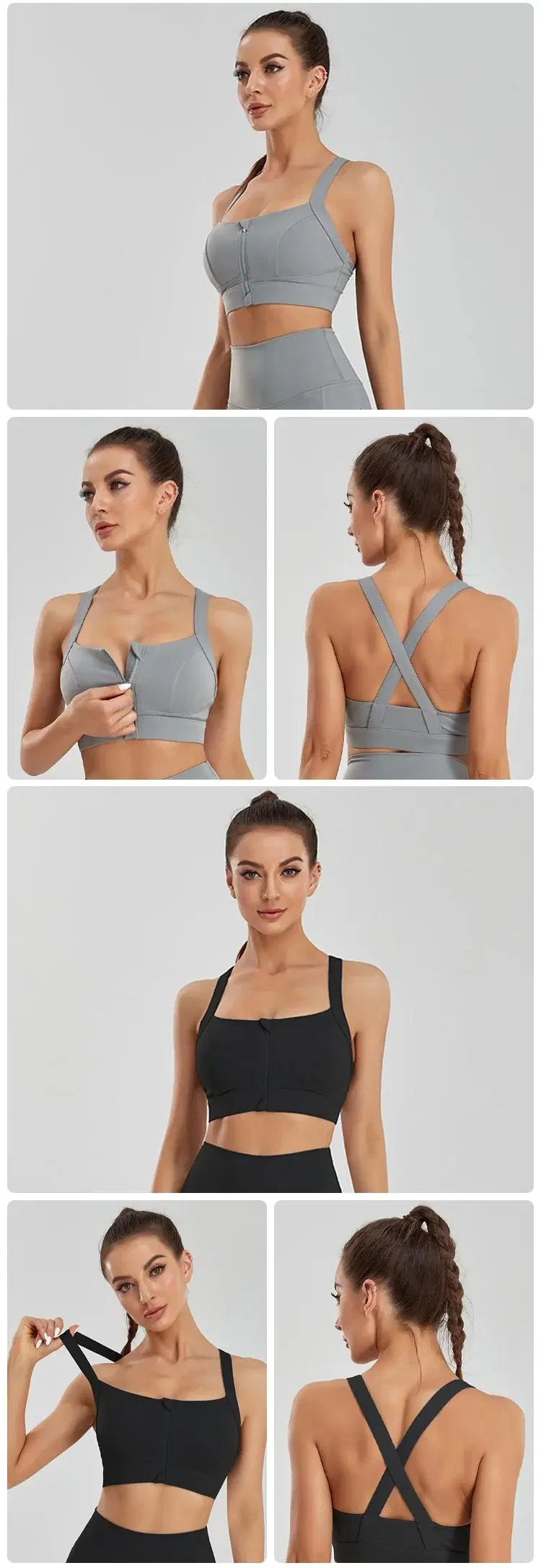 Wholesale Factory Plus Size Cross Back Sports Bra Front Zipper Women&prime;s Fitness Running Shockproof Yoga Clothes Wholesale Beauty Zipper Bra Vest