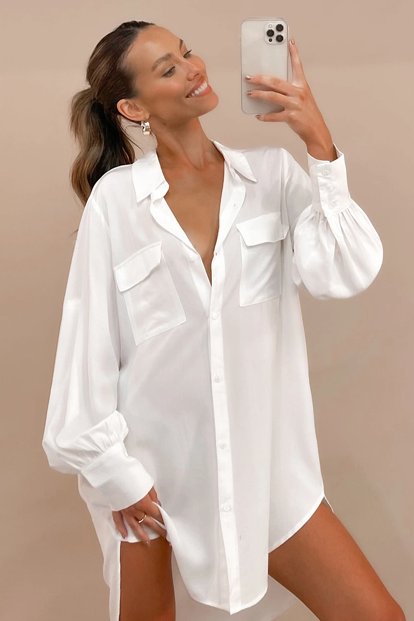 Ladies Fashion White One Piece Pajamas Chiffon Shirt Night Dresses for Woman Long Sleeve