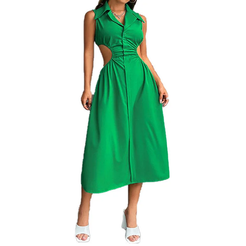 Women Sexy Hollow out Elegant Dress Shirt Collar Button Down Sleeveless Cropped Dress