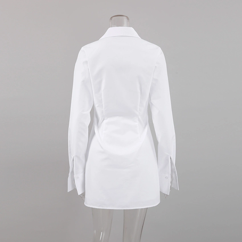 Women Fashion Fitted Dresses Slim Sexy Mini Polo Collar Long Sleeve High Waist White Shirt Dress