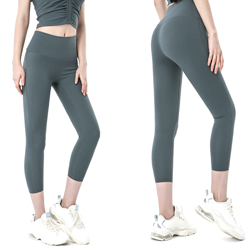 Solid Color Slimming Seamless Front Design High Waist Ultra Soft Lightweight Capris Wide Waistband Yoga Pants with Hidden Pocket