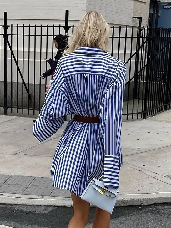 2023 Spring Autumn American-Style Blue and White Striped Shirt Dresses Women Casual Shirt Dress