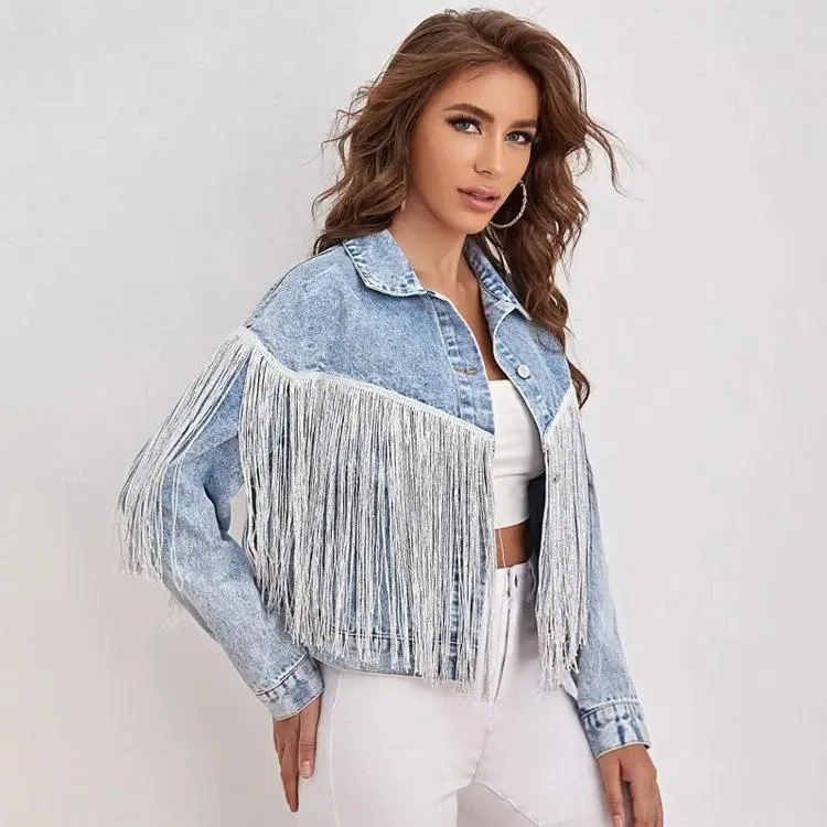 Custom Rhinestone Fringe Tassel Button Down Cropped Fringed Denim Jackets Jean Jacket for Women