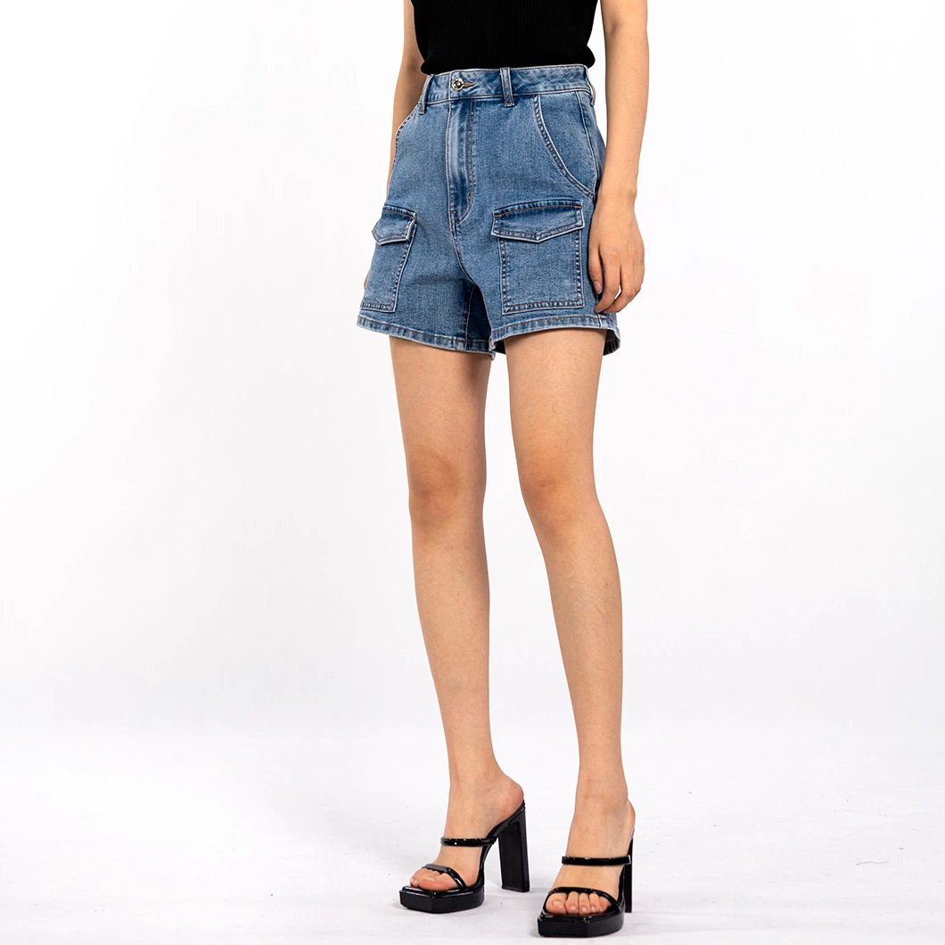 Vintage Design Multi-Pocket High Waisted Straight Leg Denim Shorts for Women