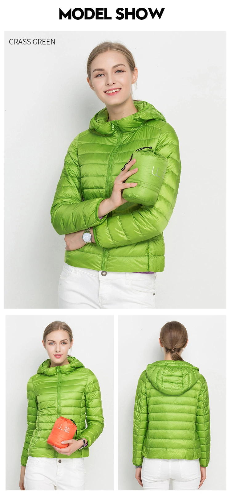 Women Zipper Ultra Light Breathable Down Jacket with Hood for Ladies