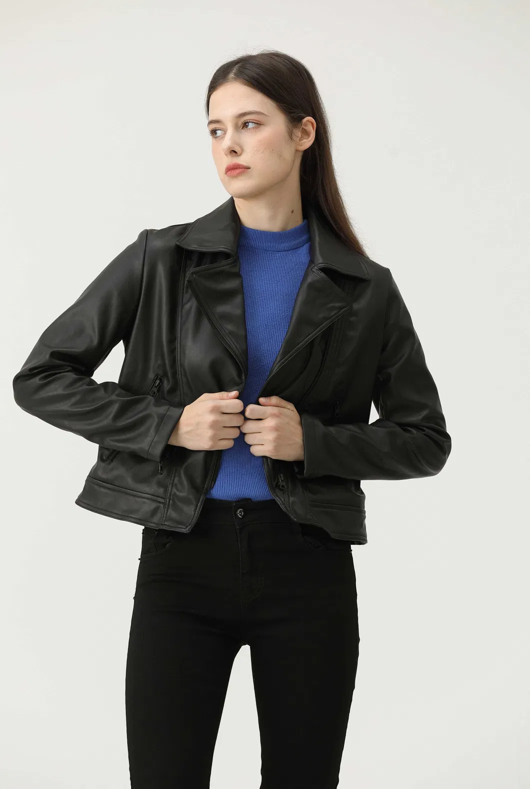 fashion Spring Wholesale Black PU Cropped Leather Suit Varsity Zip up Short Women Leather Jackets