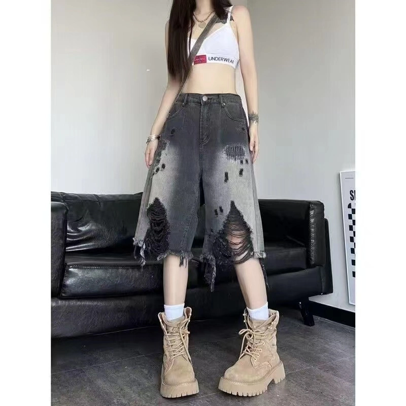 Retro Hip -Hop Ripped Denim Shorts, Wide -Leg Casual Pants Leisure-Apparel