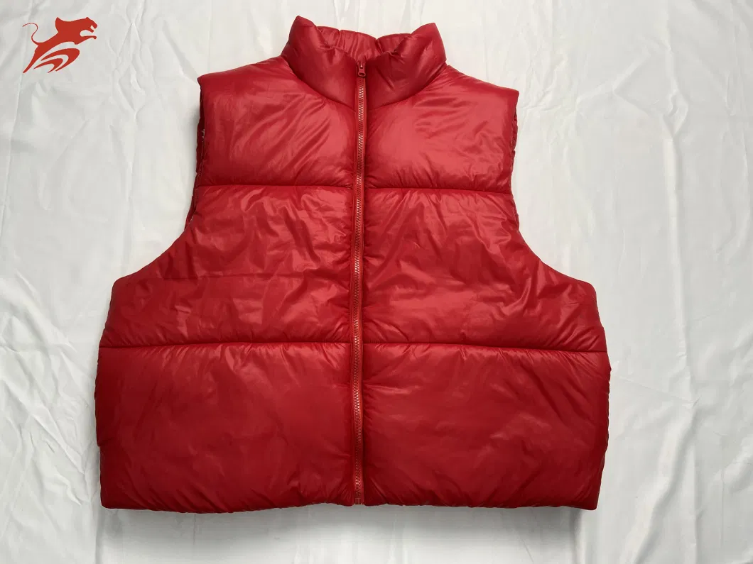 Asiapo China Factory Womens Red Sleeveless Winter Cropped Outerwear Warm Stand-up Collar Shiny Bubble Puffer Vest