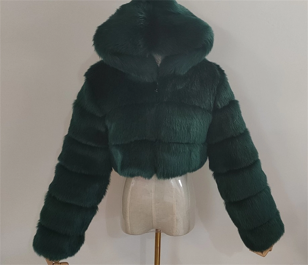 Hot Sells Winter 2022 Women Fashion Fleece Thick Multicolor Faux Fur Coat Jacket Warm Hooded Solid Green Color Plus Size Overcoat Fur Jacket