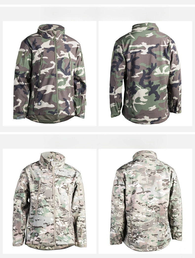 Soft Shell Suit Camouflage Men&prime;s Windproof, Splash Proof, Warm Fleece Jacket, Tactical Suit, Hidden Hat, Thickened Coat Logo