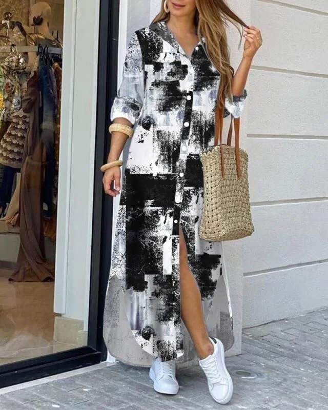 Hot Selling Spring and Summer Fashion Long Sleeve Loose Shirt Dress Printed Maxi Dress Ladies Fall Dresses for Women