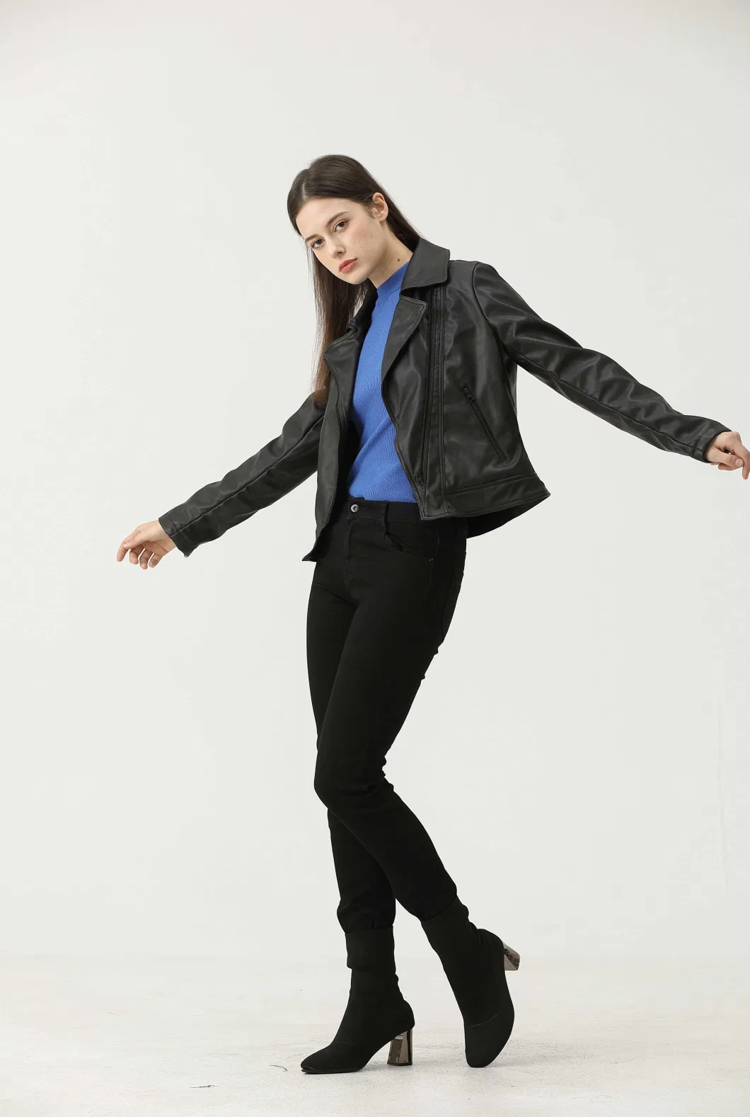 fashion Spring Wholesale Black PU Cropped Leather Suit Varsity Zip up Short Women Leather Jackets