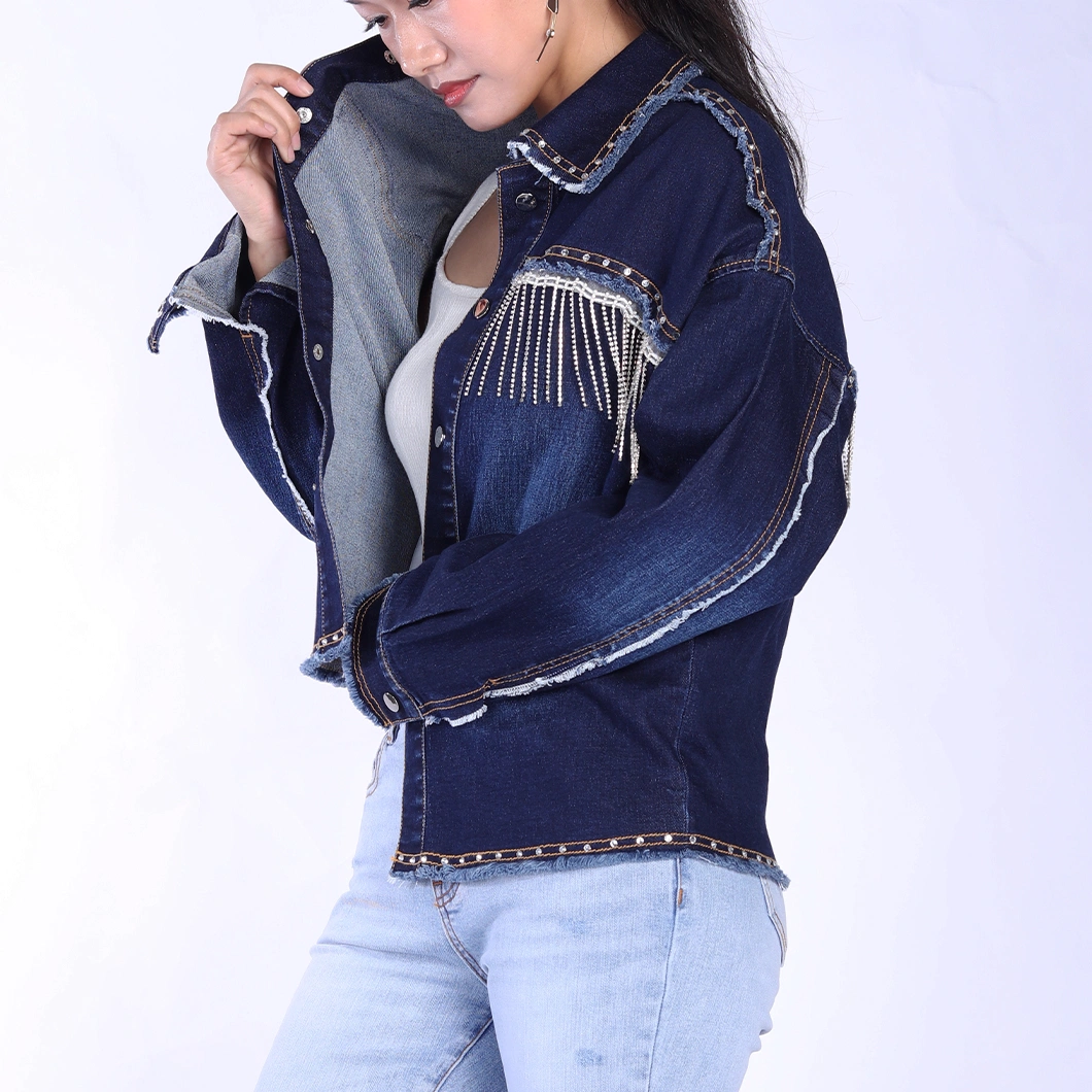 Custom Dark Blue Oversized Tassel Rhinestone Fringe Collar Down Women Denim Jackets