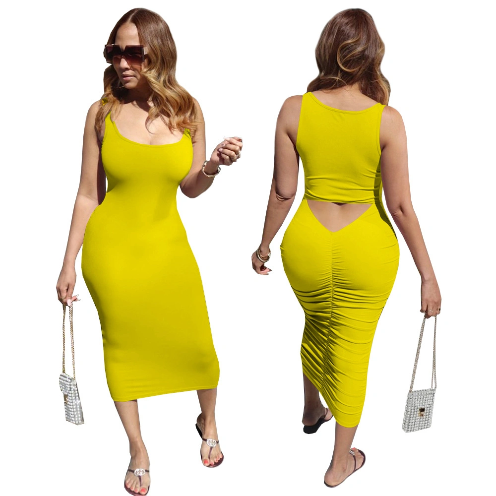 Women Fashion Solid Ruffle Sleeveless Summer Ladies Long Dresses Bodycon Sexy Dress