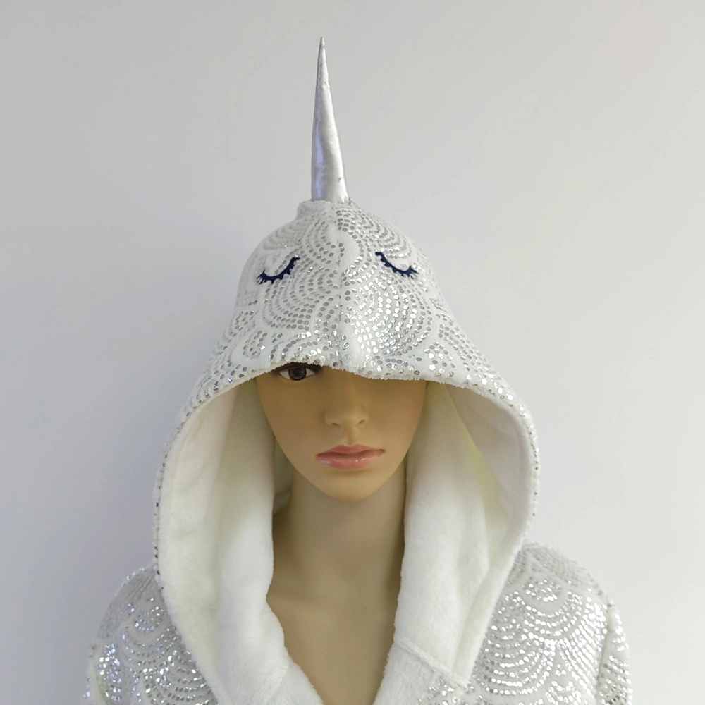 Soft Coral Fleece with Silver Foil Printing Thick Homewear White Unicorn Girls Gift Bathrobe