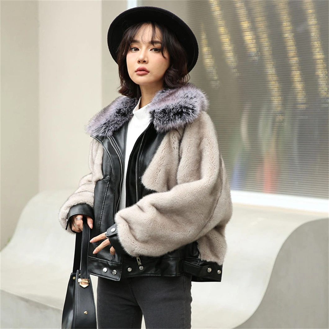 Lady Coat Winter Faux Fox Fur Splicing Leather Contrasting Colors Fur Collar Jackets Xysx03158 Outdoor Leisure Fashion Long Sleeve Coats