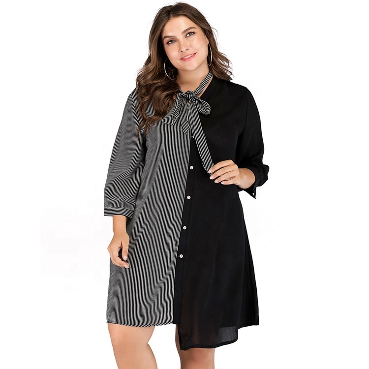 Plus Size Women&prime;s Clothing Strepe Ninth-Sleeve Dress with Scarf