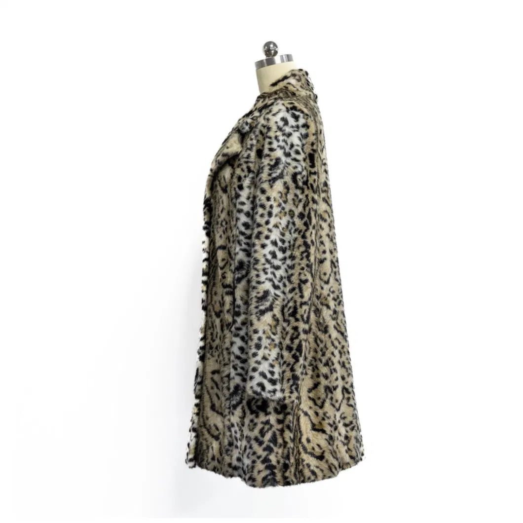 Winter Women Faux Fur Jacket Fashion Outer Wear Coat with Leopard Print