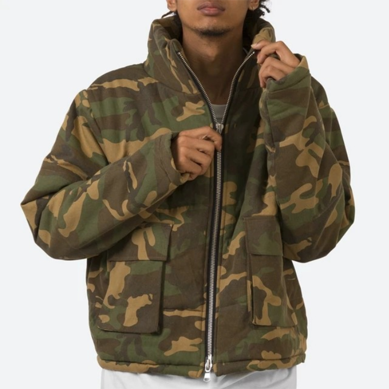 Green Camouflage Print Coat Custom Down Goose Cropped Winter Jacket