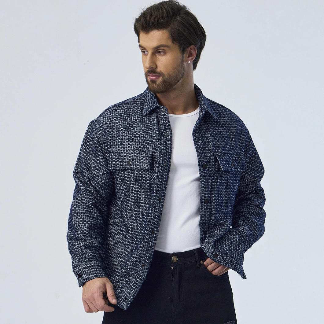 Custom Dark Blue Plaid Oversized Overall Collar Down Long Sleeve Men Jackets