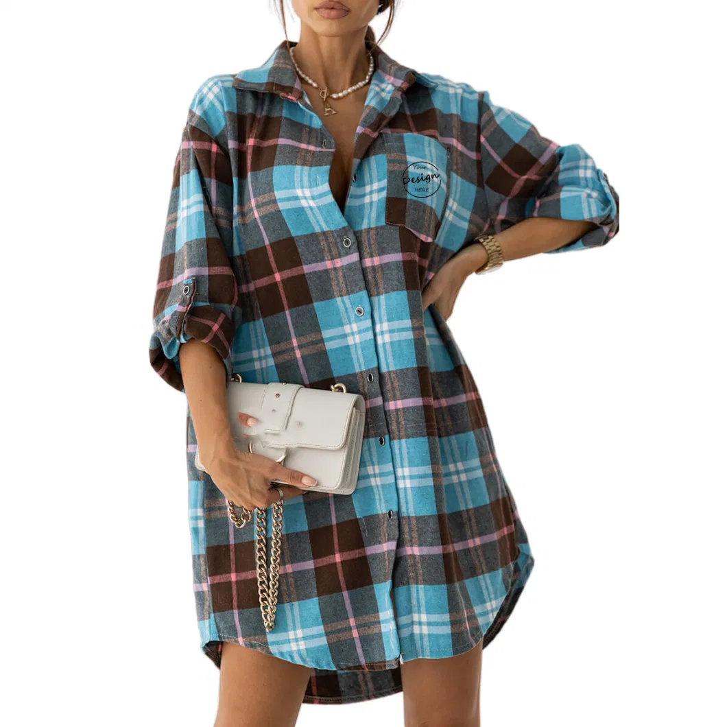 New Arrival Custom Logo Women Button Down Plaid Shirts Long Sleeve Bulk High Quality Ladies Shirt Dress