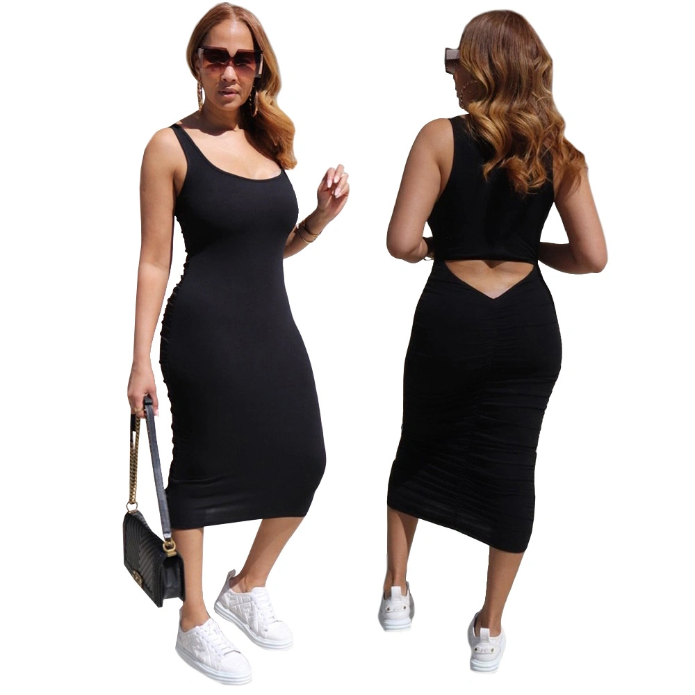 Women Fashion Solid Ruffle Sleeveless Summer Ladies Long Dresses Bodycon Sexy Dress