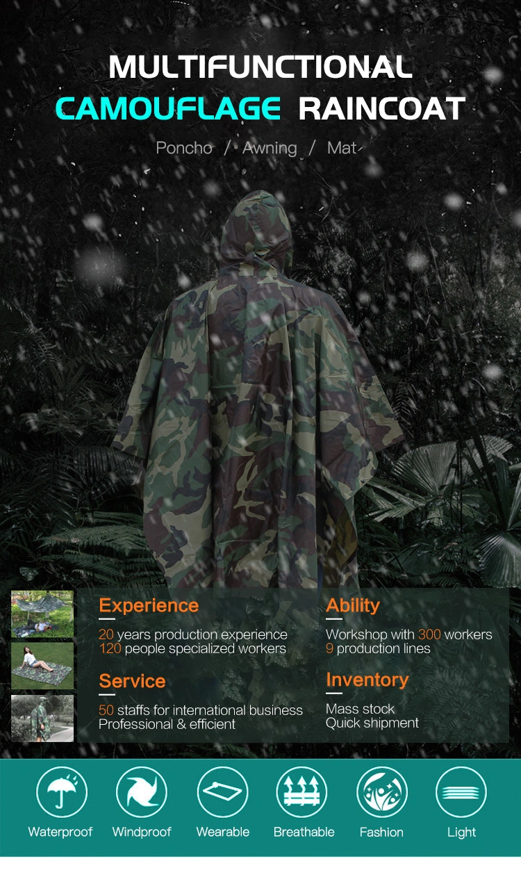 Tactical Wholesale Multi-Purpose Light Weight Multicam Polyester Military Raincoat Waterproof Poncho Camouflage Army Rainwear