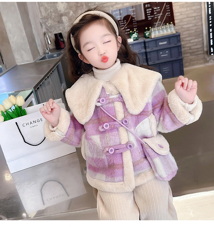 Nnr Winter Faux Leather Female Jacket Wool Fur Lamb Outer Coat for Little Kids Girl