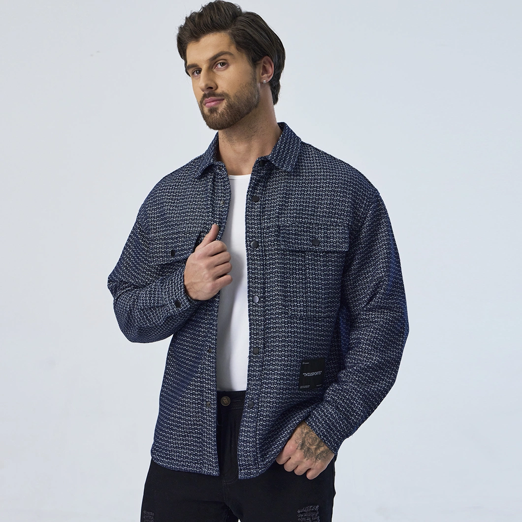 Custom Dark Blue Plaid Oversized Overall Collar Down Long Sleeve Men Jackets