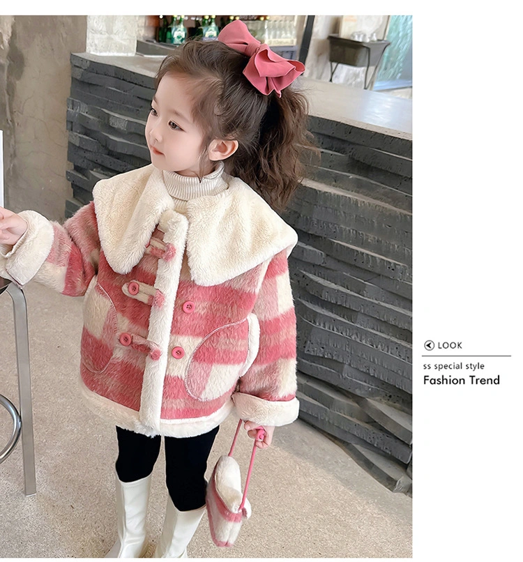 Nnr Winter Faux Leather Female Jacket Wool Fur Lamb Outer Coat for Little Kids Girl