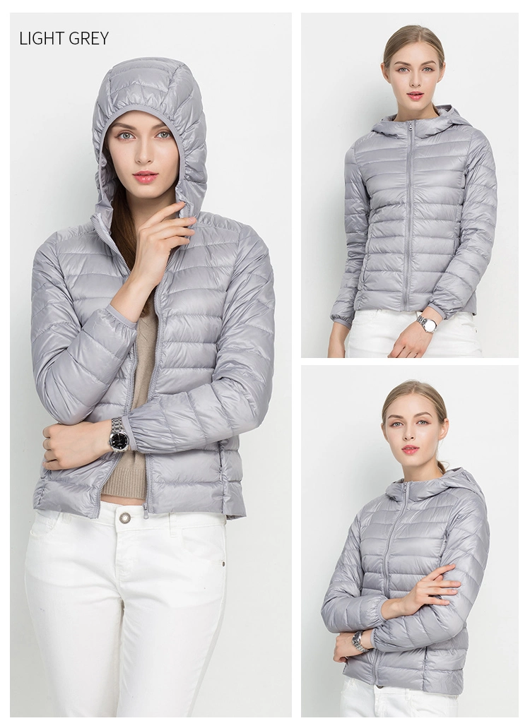 Women Zipper Ultra Light Breathable Down Jacket with Hood for Ladies