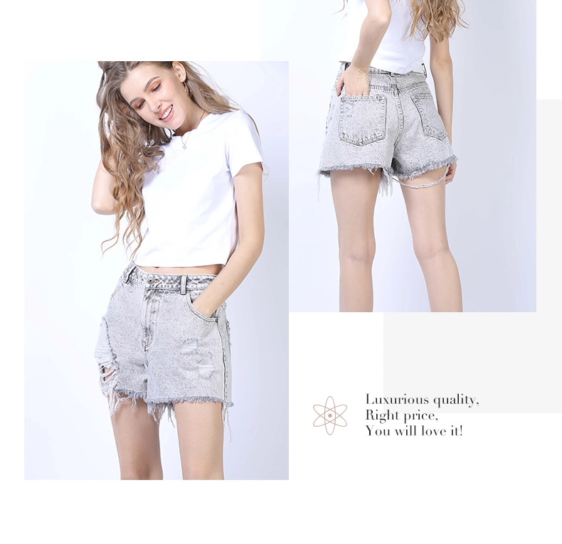 Light Grey Women Trousers MID Waist Non-Stretch Shorts with Fringe Hem and Distressed Holes Fashion Lady Denim Jeans