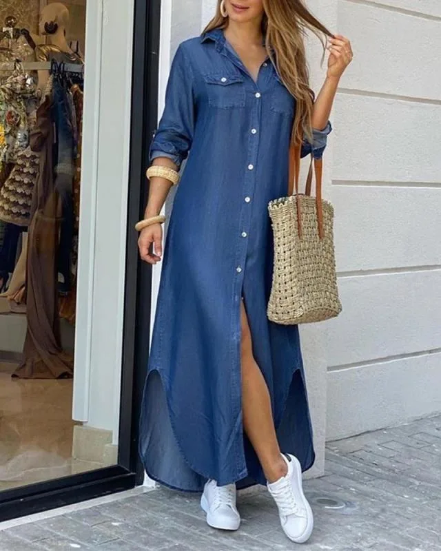 Hot Selling Spring and Summer Fashion Long Sleeve Loose Shirt Dress Printed Maxi Dress Ladies Fall Dresses for Women