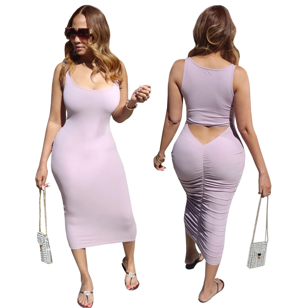 Women Fashion Solid Ruffle Sleeveless Summer Ladies Long Dresses Bodycon Sexy Dress