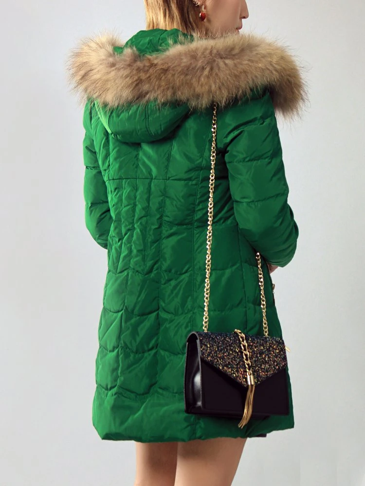 2024 New Women Winter MID-Length Outerwear Down Jackets Fur Collar Belt Long Sleeves Coats Green Color