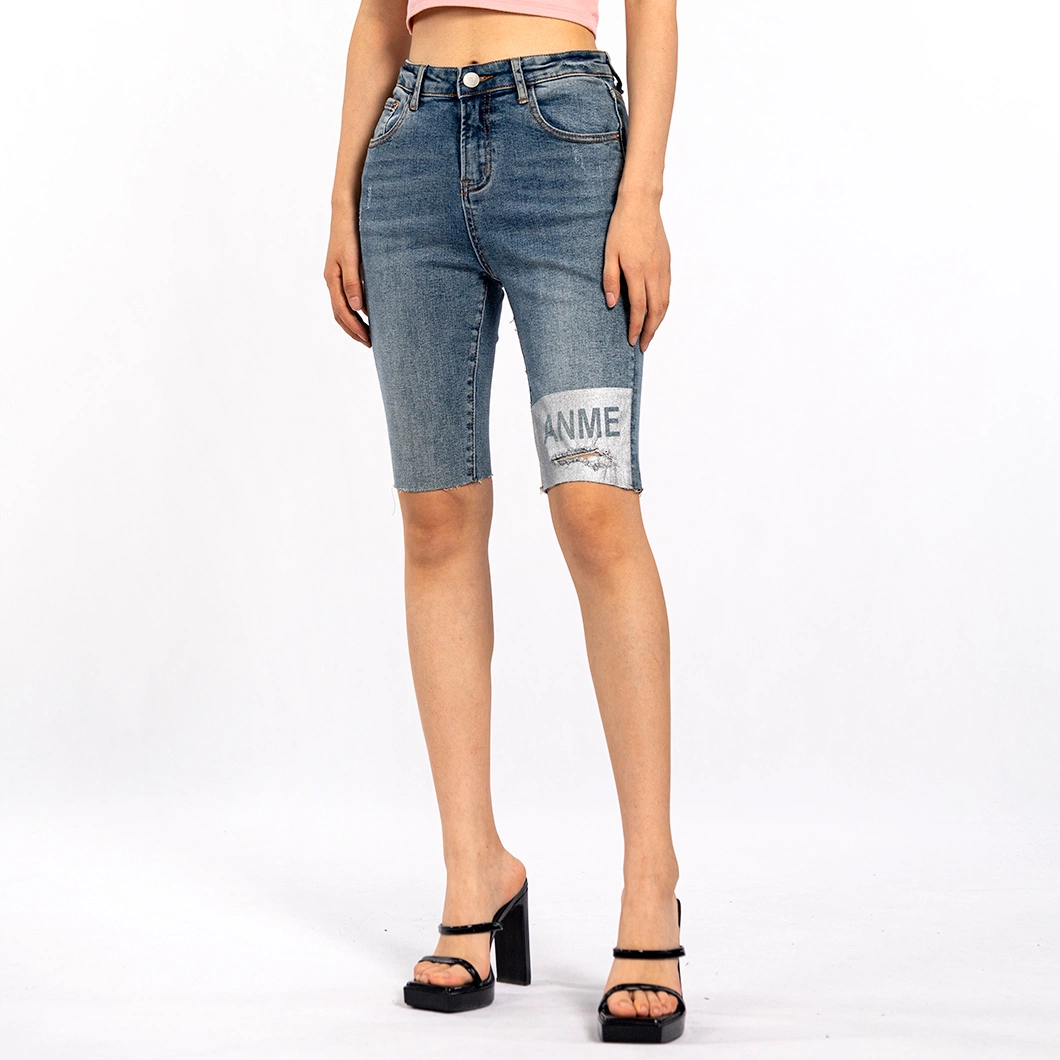 Fashion Printed Distressed Vintage Skinny Five Points Denim Shorts for Women