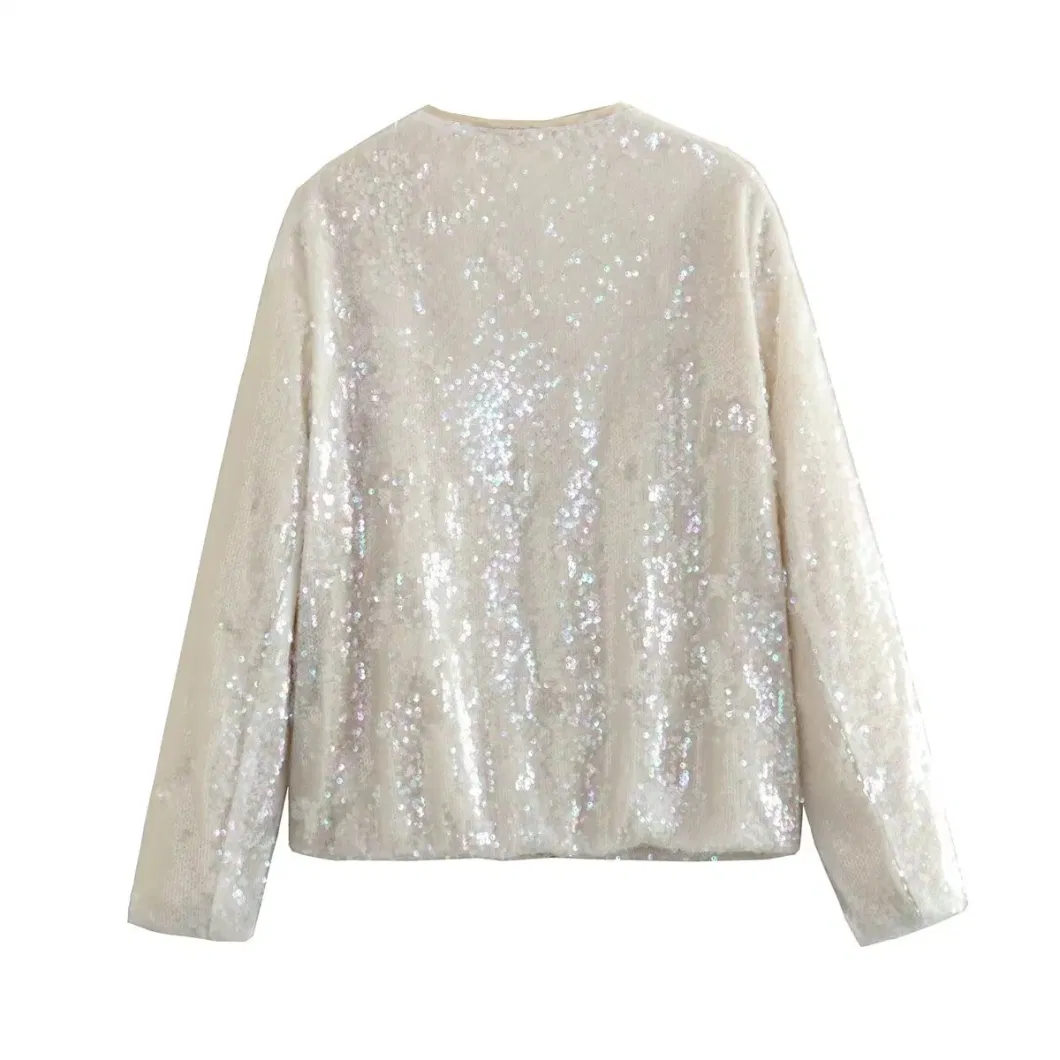 Women&prime;s Sequin Shiny Long Sleeve Front Zipper Blazer Bomber Jacket