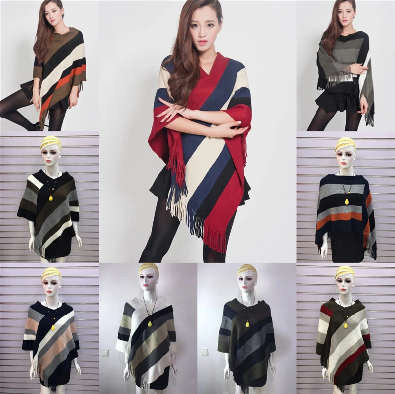 Women&prime;s Tassel Pullover Long Knitted Cloak Women&prime;s Winter Fashion Shawl Striped Sweater Coat