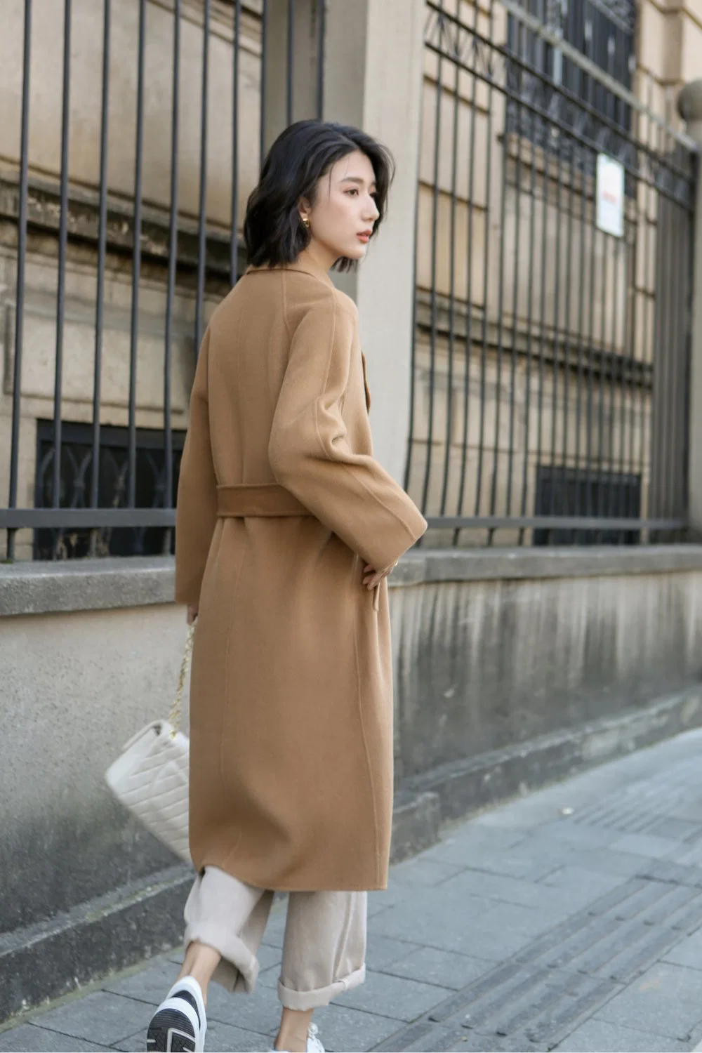 Double Breasted Solid Woolen Handmade Women Long Trench Coat