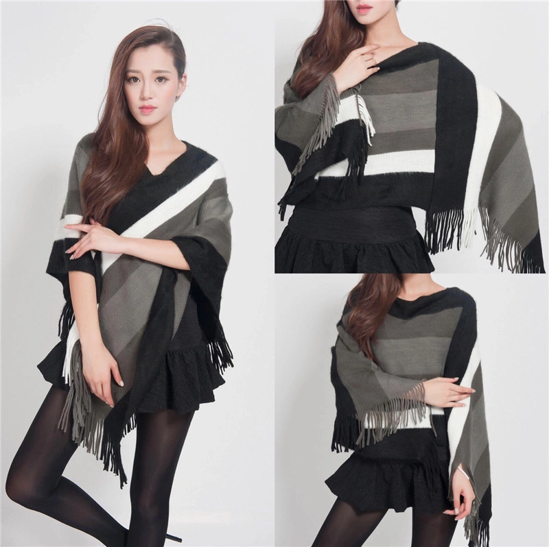 Women&prime;s Tassel Pullover Long Knitted Cloak Women&prime;s Winter Fashion Shawl Striped Sweater Coat