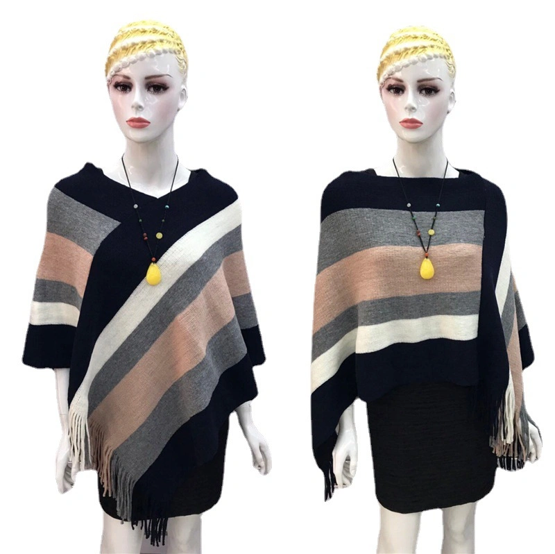 Women&prime;s Tassel Pullover Long Knitted Cloak Women&prime;s Winter Fashion Shawl Striped Sweater Coat