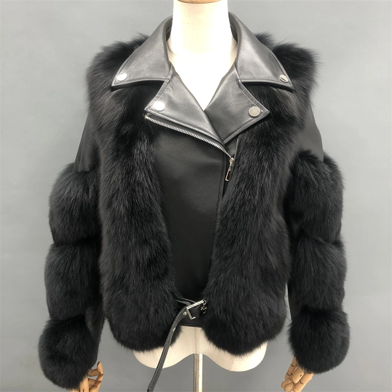 Hot Sales Long Sleeves Plus Size Leather &amp; Fur Coat